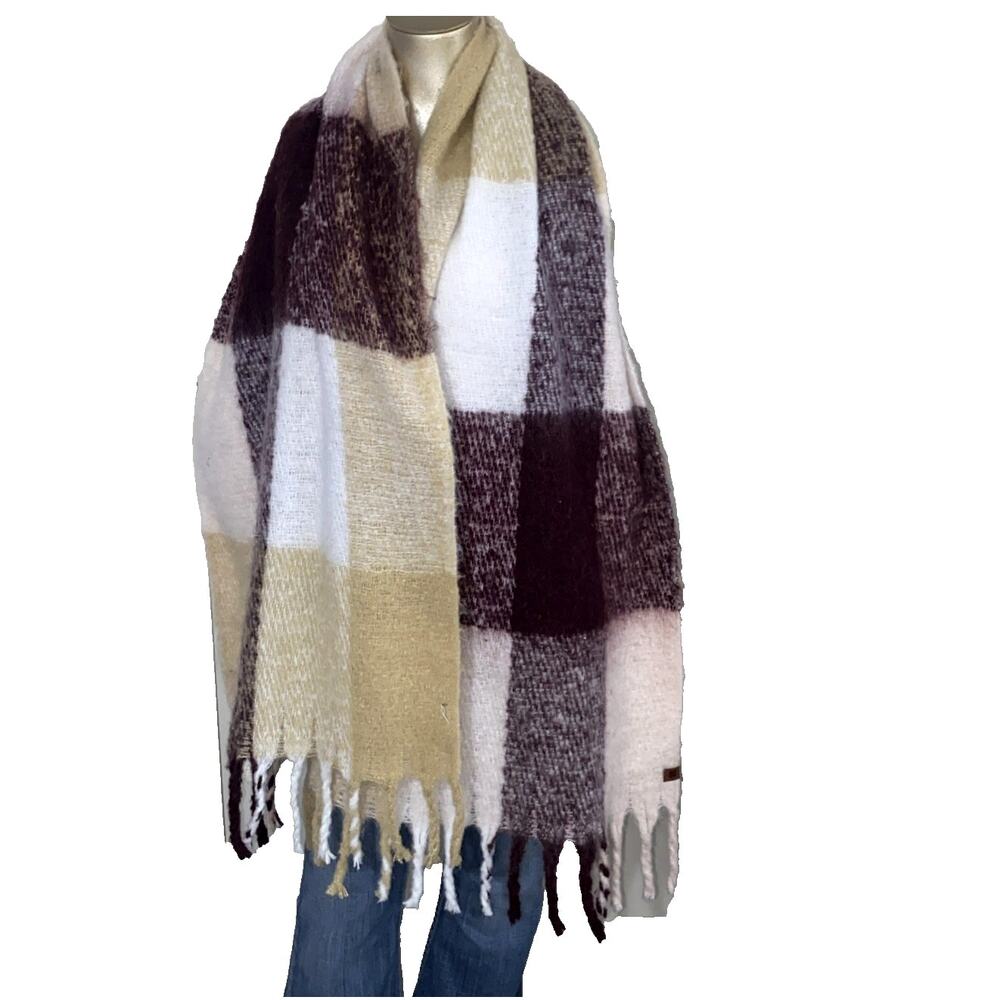 Lucky Brand Recycled Polyester Blanket Scarf Burgundy/Ivory Plaid Fringe Tassels